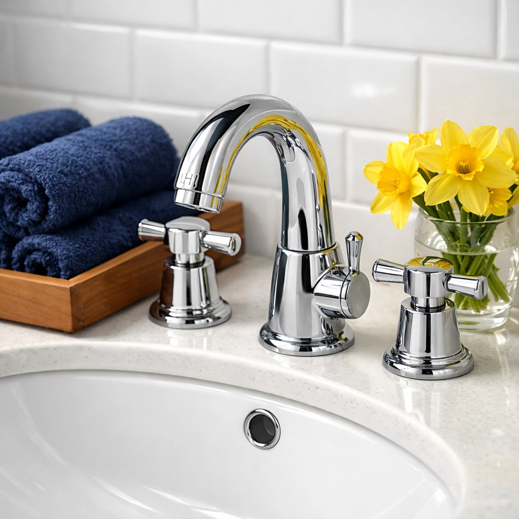 Sparkling chrome faucet and white sink after a deep cleaning Westford bathroom sanitization service.