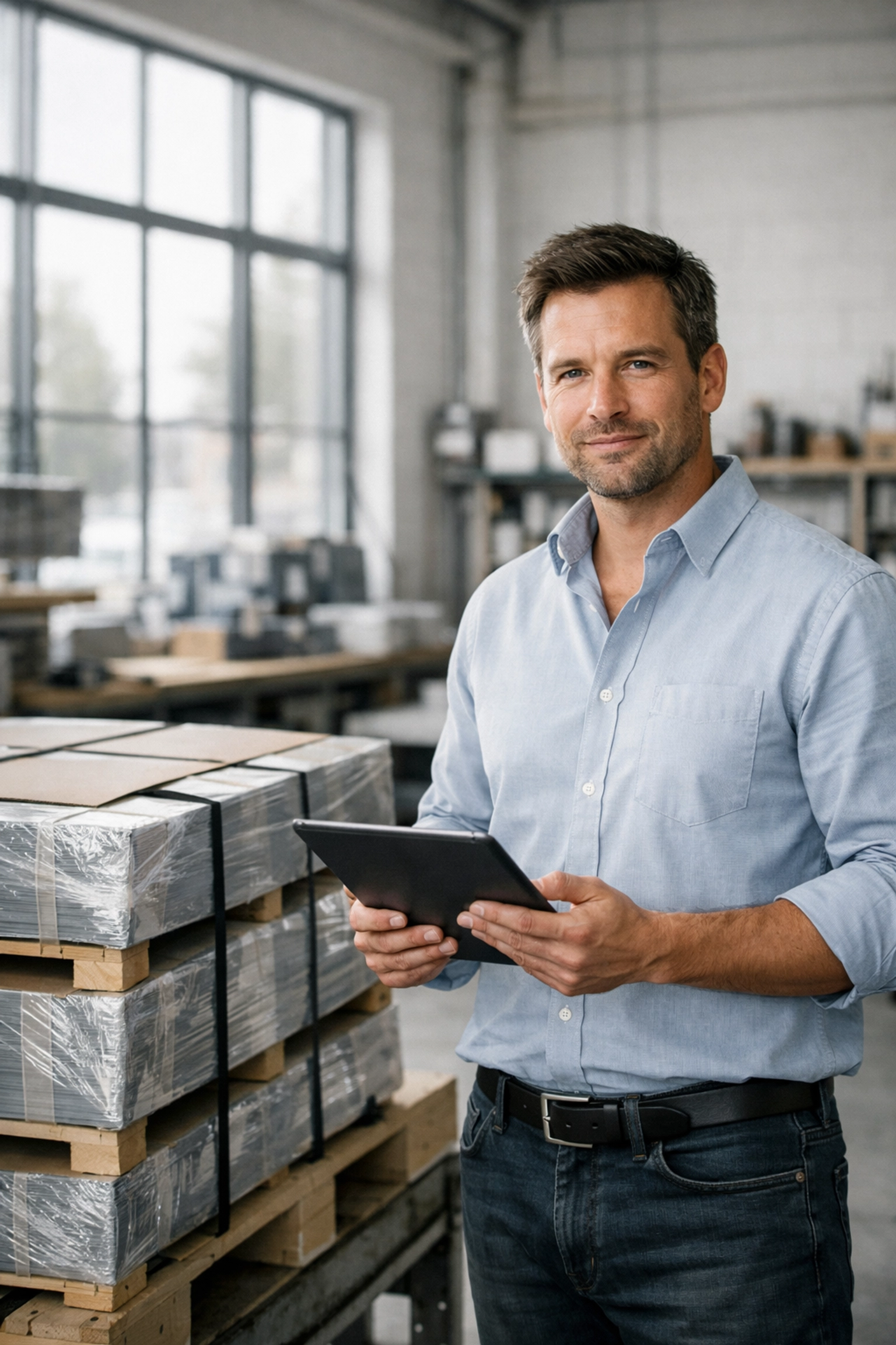 Business owner reviewing inventory in a modern warehouse after fast business loan approval in Canada.