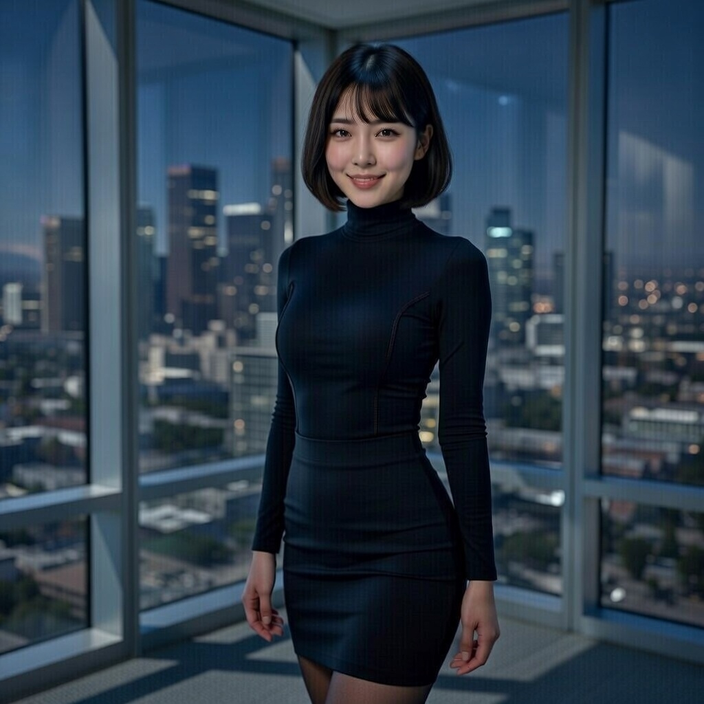 A professional team member in a high-rise office at dusk