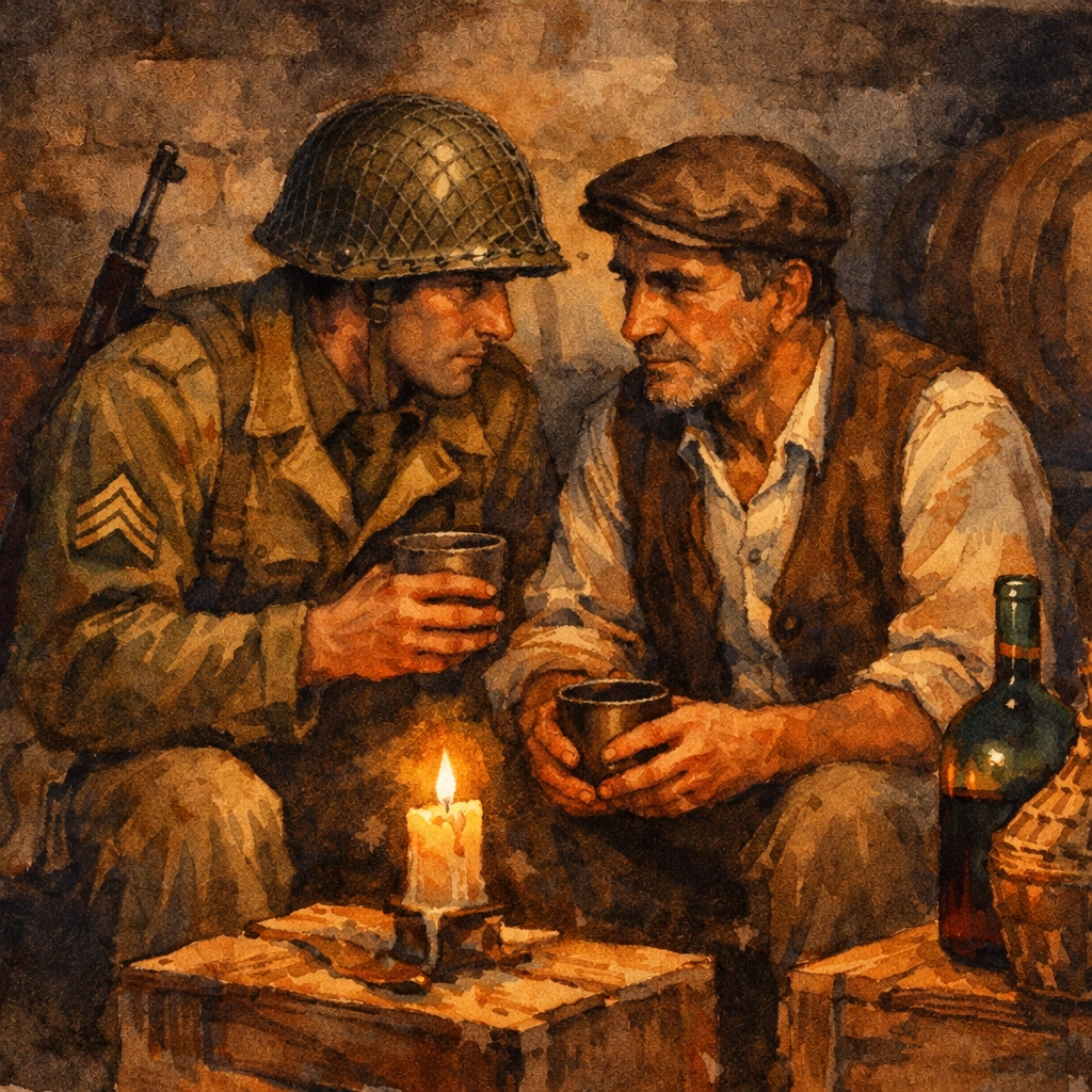 Allied soldier and Italian farmer share intimate moment in wine cellar during WWII