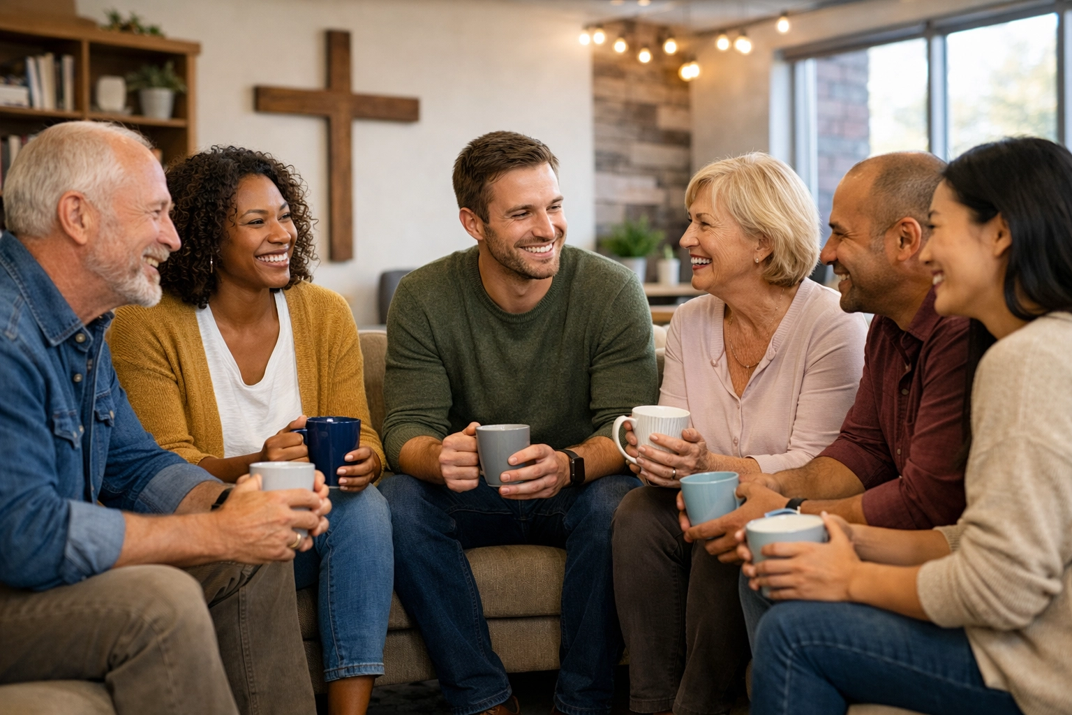 A diverse Christian community group gathered for fellowship and support while walking through life’s challenges.