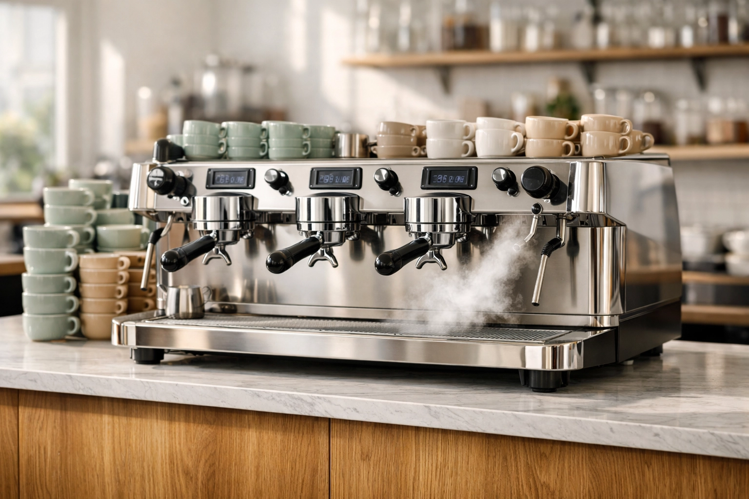 High-volume cafe equipment setup featuring a professional espresso machine on a modern coffee bar.