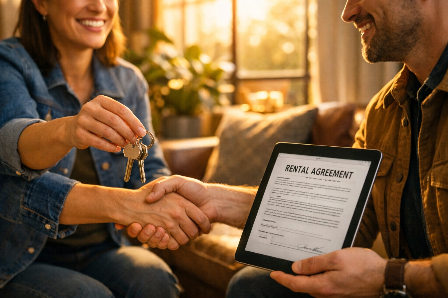 Two people shaking hands and exchanging keys during rental agreement