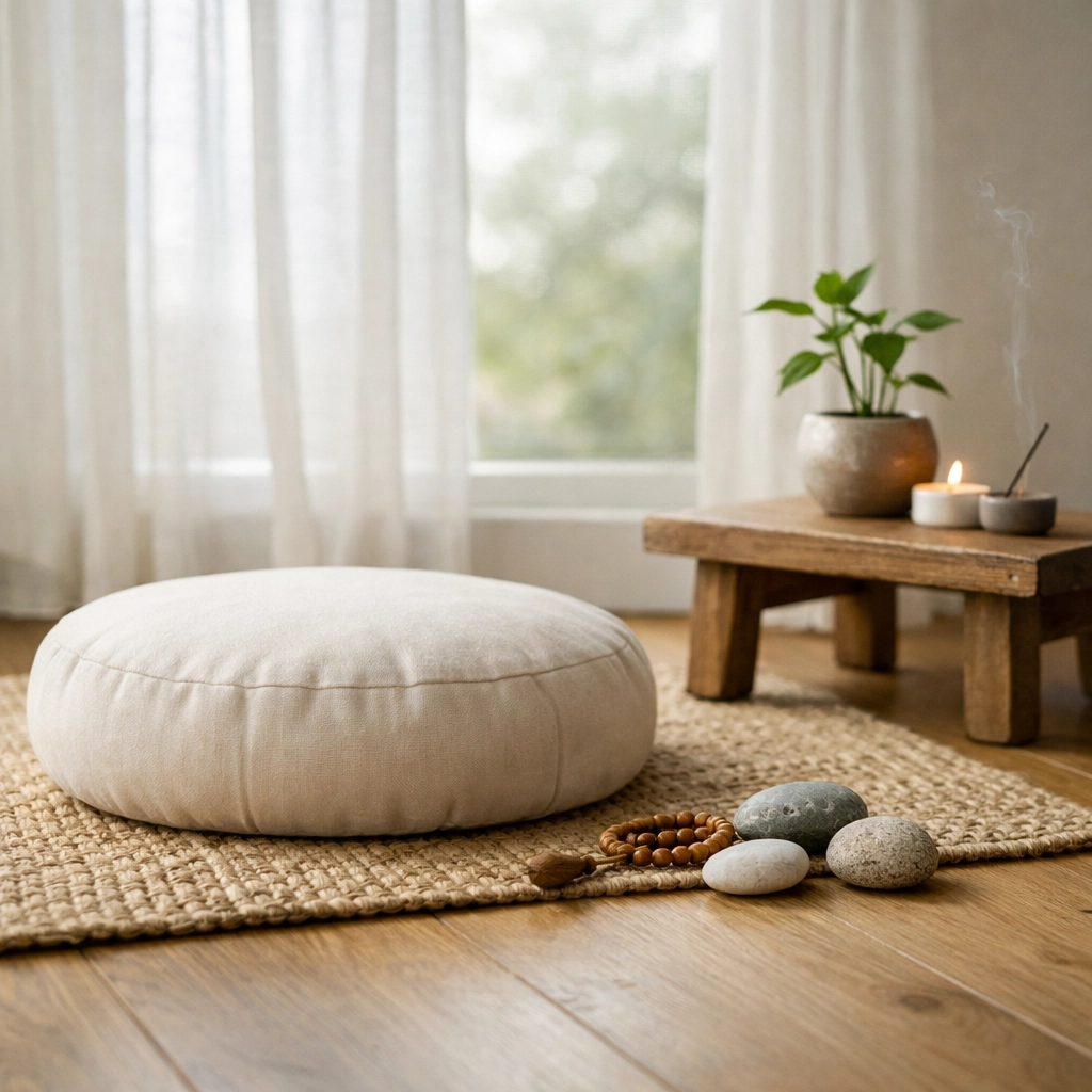 Peaceful meditation space with cushion and natural light for mindfulness practice