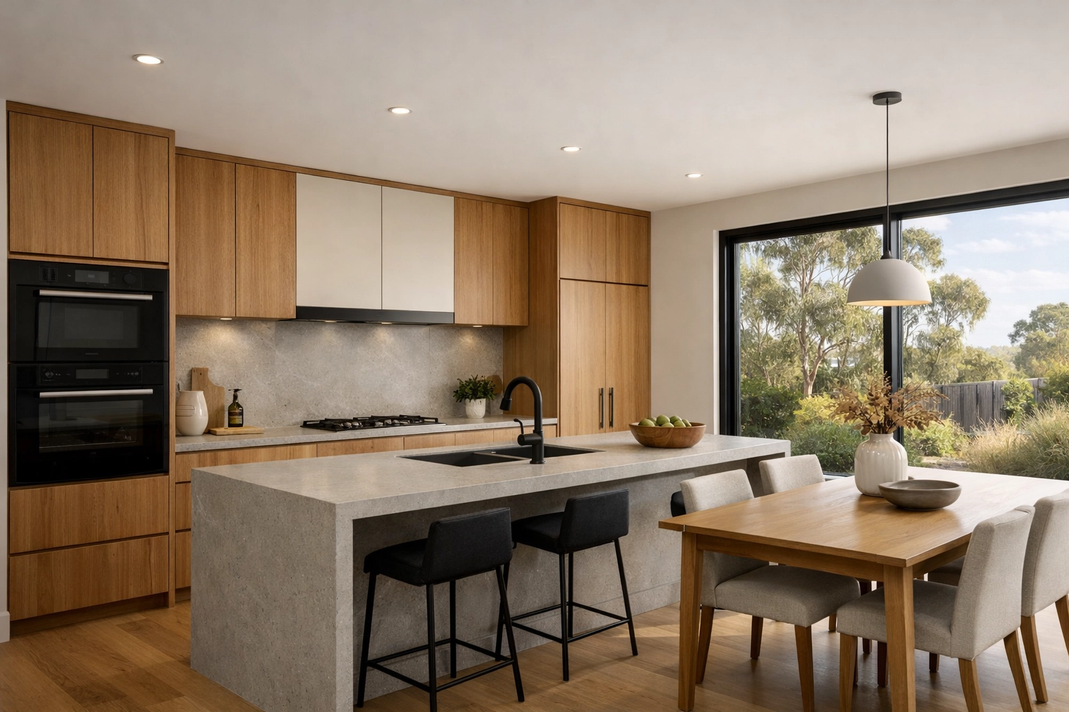 Modern kitchen interior in a modular home, showcasing the premium finishes included in Australian prefab house prices.