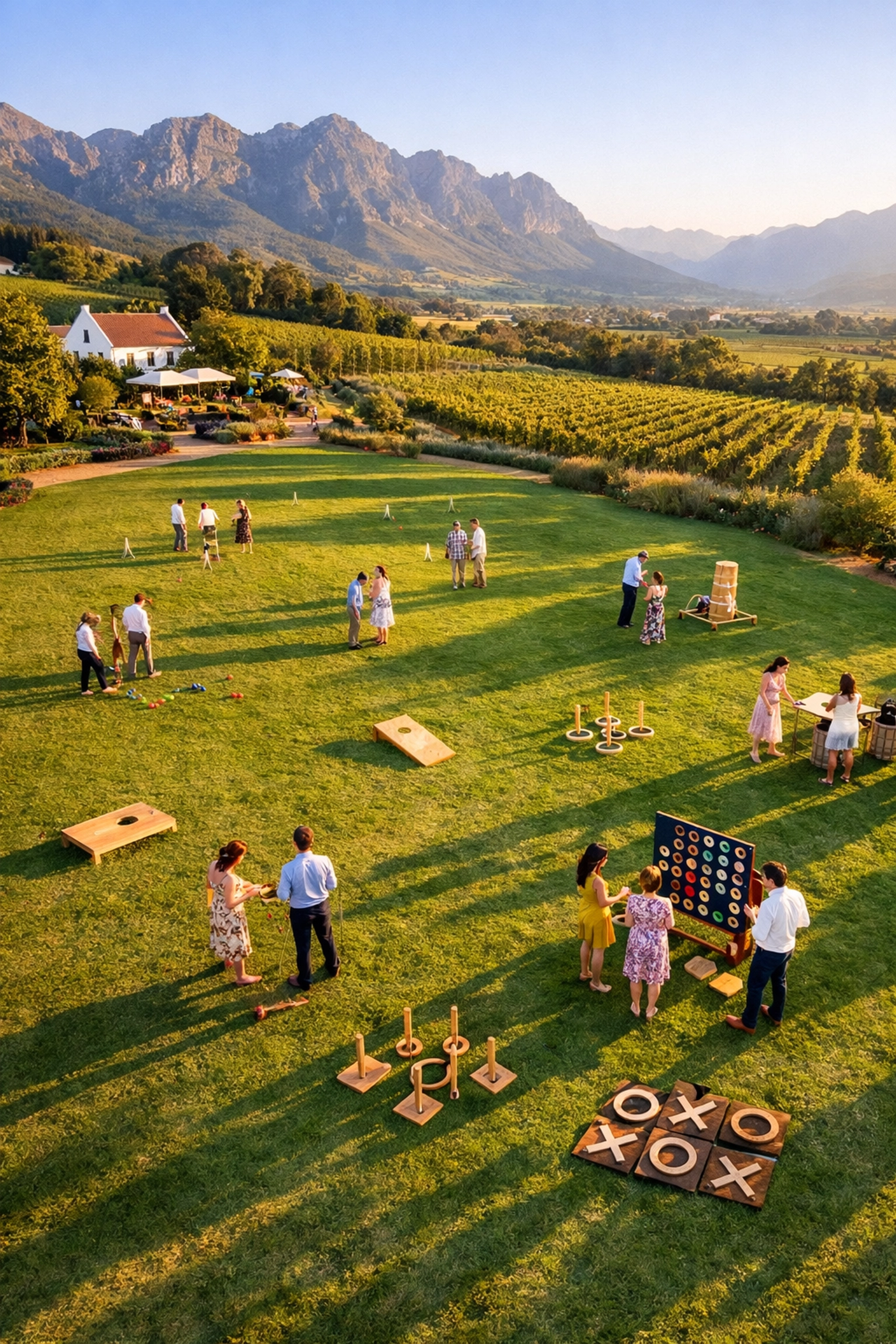 Aerial view of lawn games setup including croquet and ring toss at a Winelands wedding venue