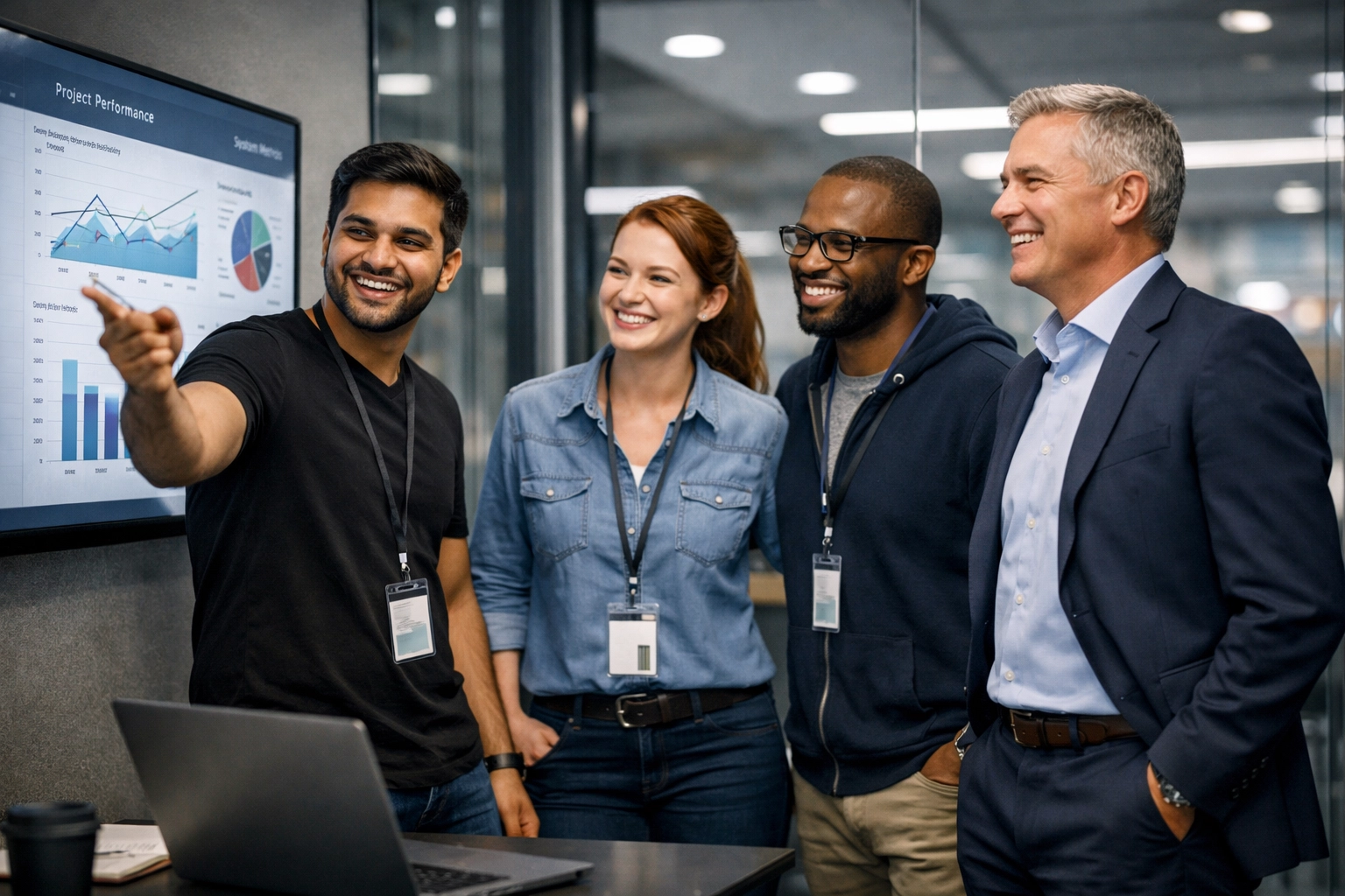 ServiceNow implementation team presenting audit success and ROI dashboards to an executive in a boardroom.