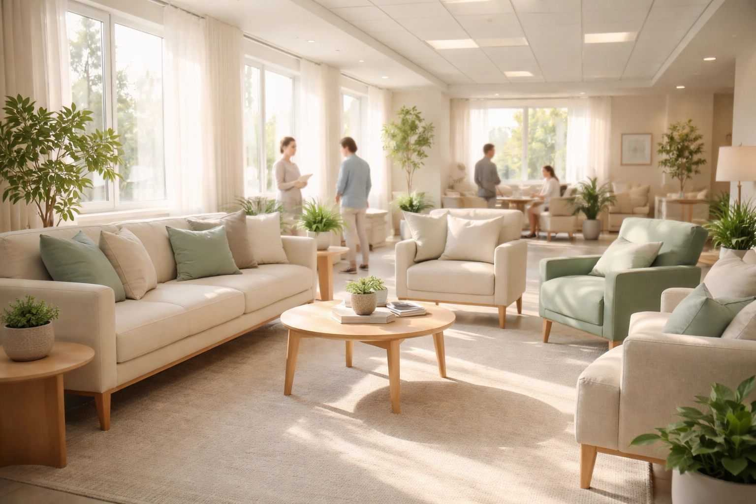 Inviting treatment facility common area with natural sunlight, modern furnishings, and subtle greenery showcasing transparent facility environment