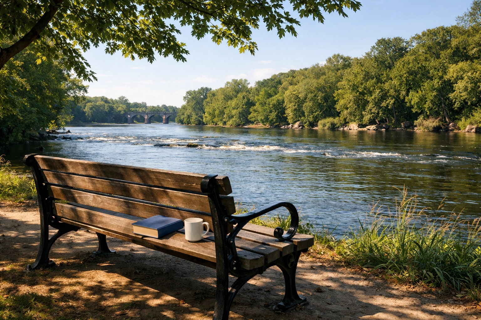 A quiet shaded riverside bench along the Rappahannock in Fredericksburg in late afternoon daylight with a closed book and cup, symbolizing a cooling-off pause | ALT: Divorce Lawyers in Fredericksburg VA recommend a cooling-off period before tough conversations