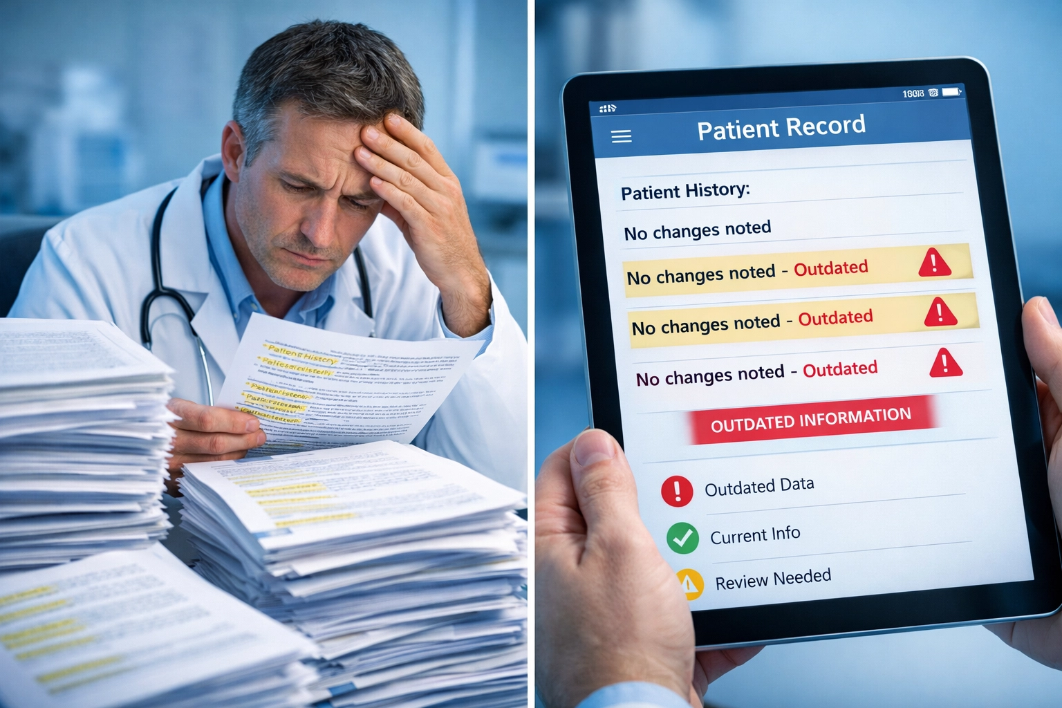 Doctor comparing repetitive paper medical records with EMR showing copy-forward documentation errors