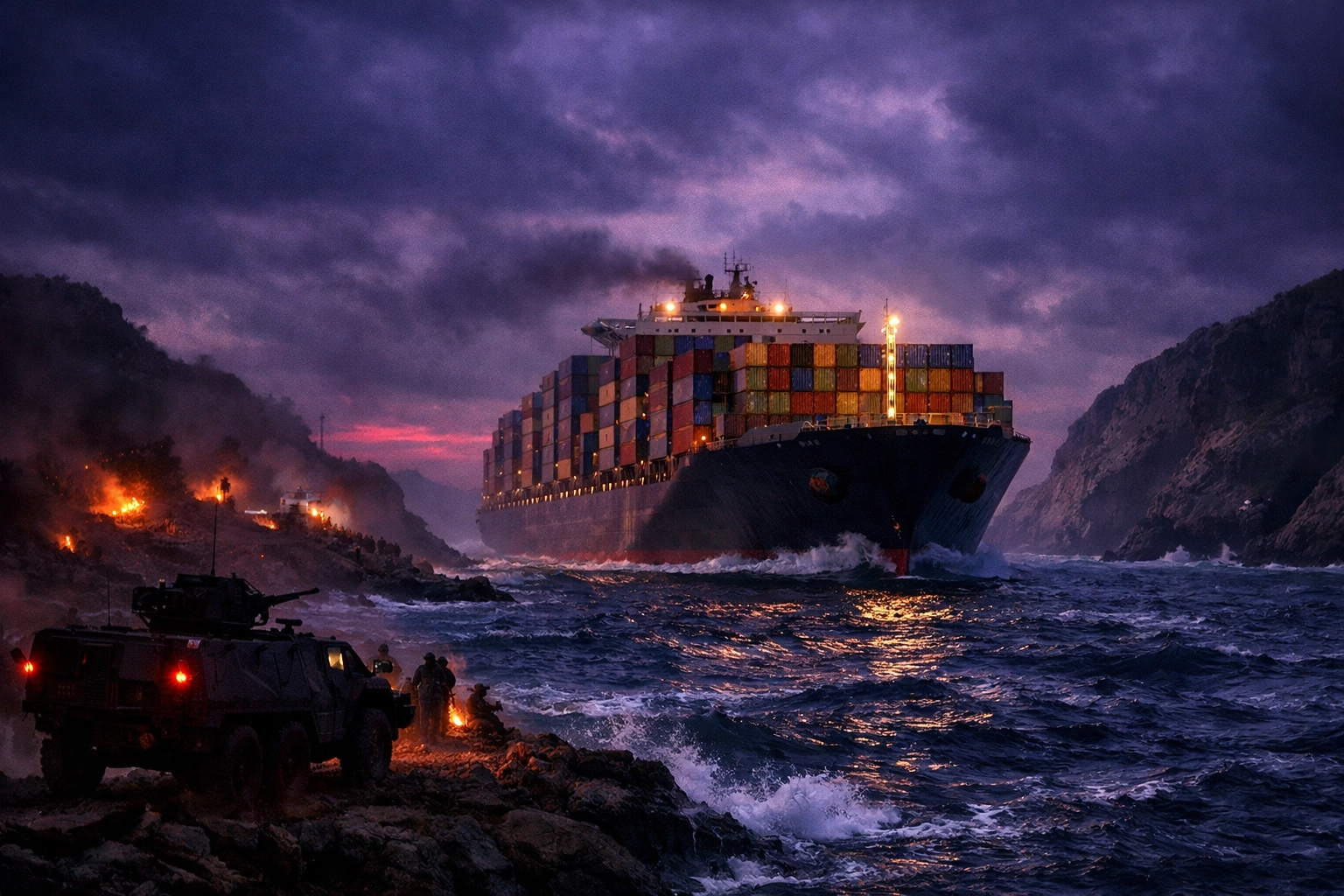 A cargo ship navigating a narrow strait under military watch, showing the risks to global shipping lanes.