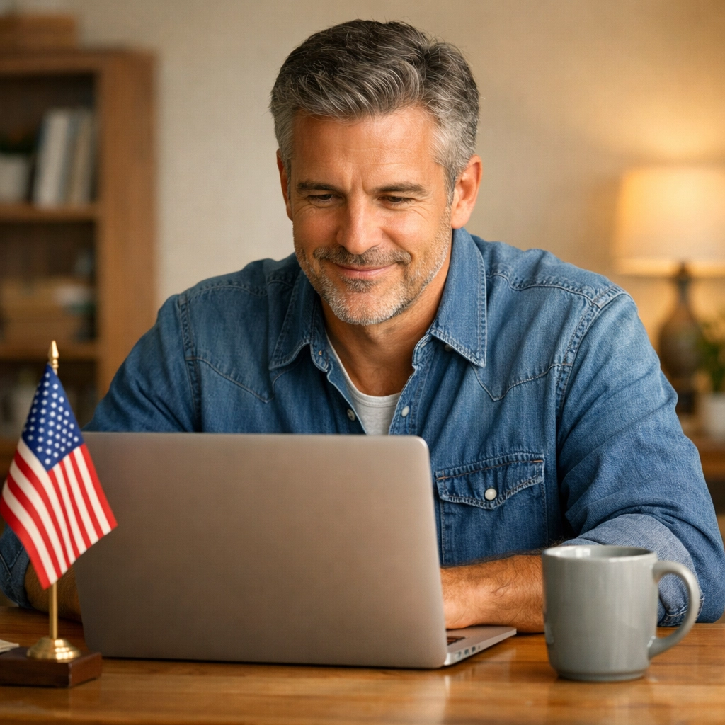 A man searching for local veteran resources on his laptop in a bright home office.
