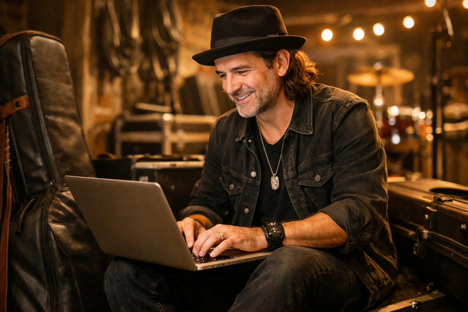 A professional bandleader manages gig logistics on a laptop in a cool venue setting.