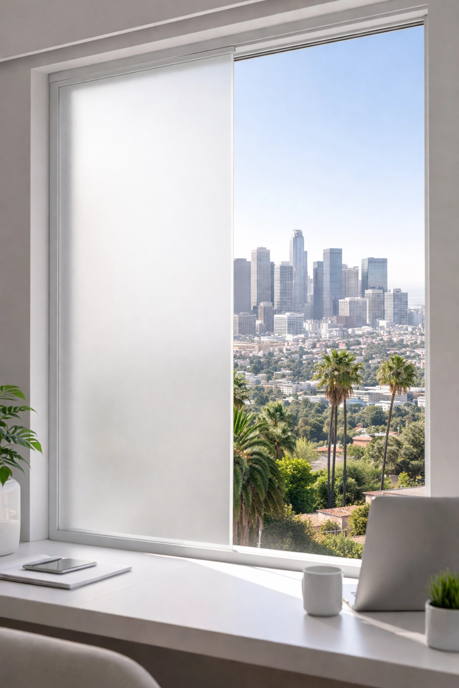Switchable smart glass window showing clear and opaque states with a Los Angeles skyline, highlighting smart glass installation benefits.