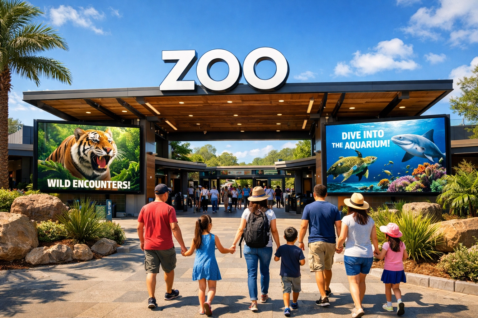 Modern zoo entrance with digital advertising displays and families entering the venue