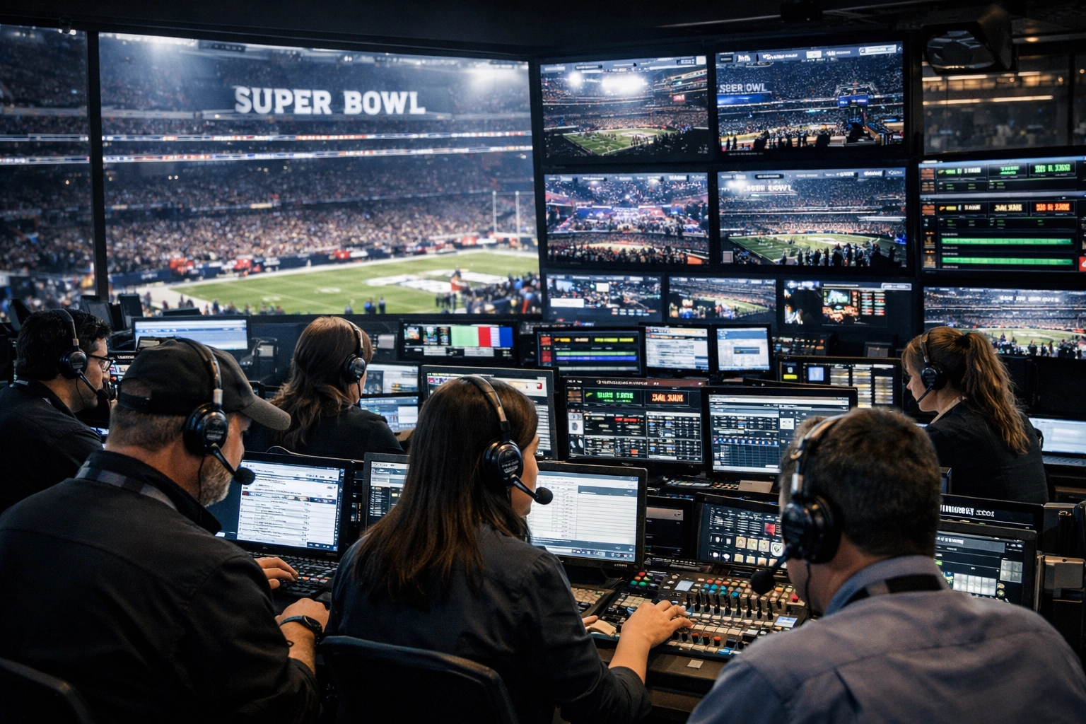 Super Bowl media control room with operations team monitoring broadcasts and logistics