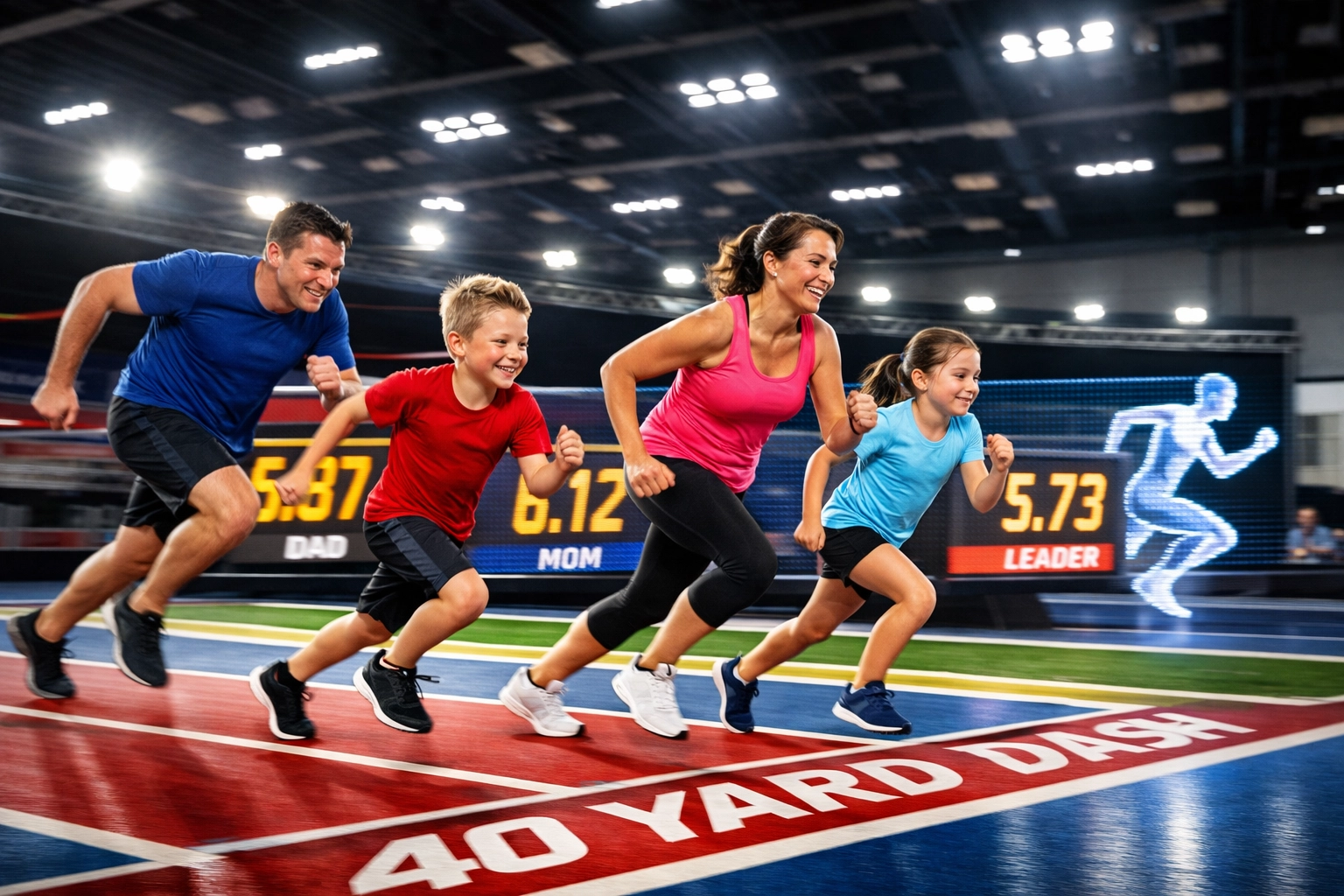 Family racing together on 40-yard dash track at Super Bowl interactive game zone