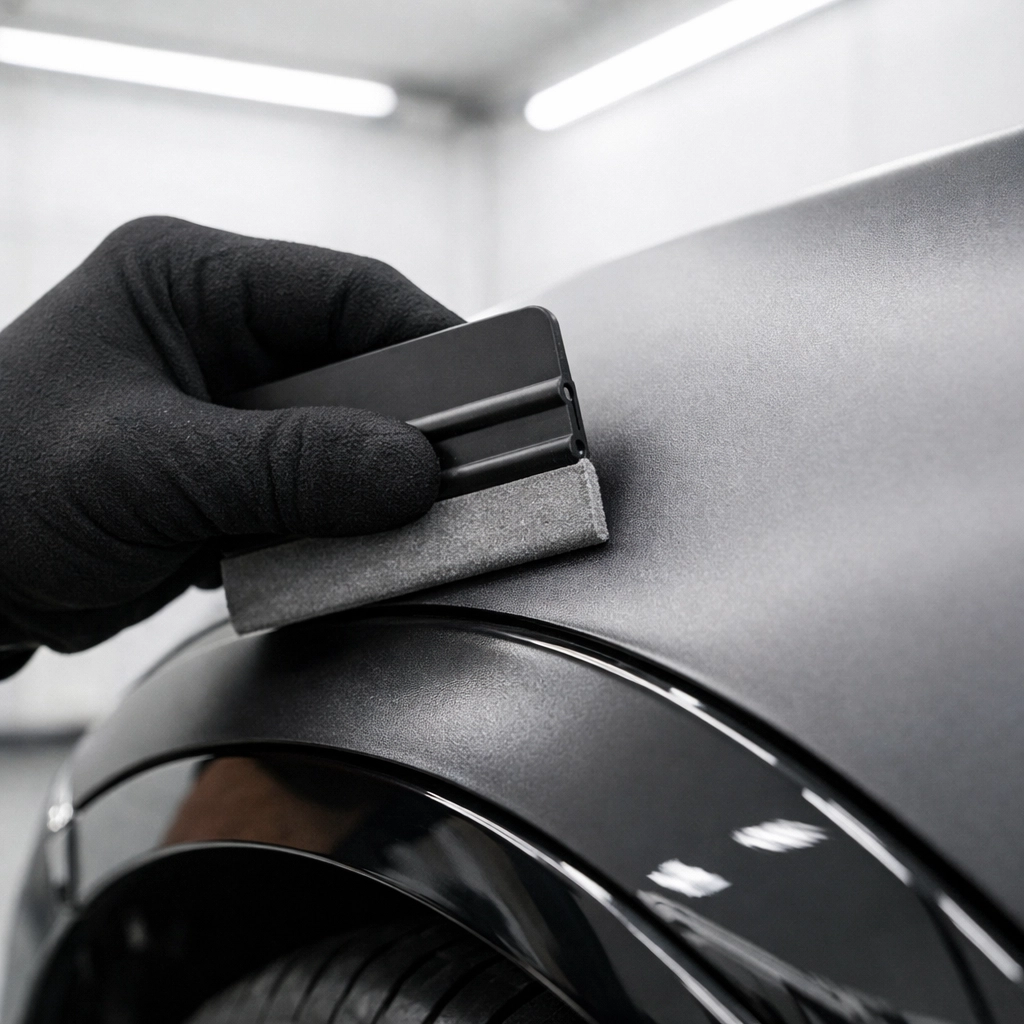 Technician applying a high-quality matte vinyl wrap to a car fender in a shop.