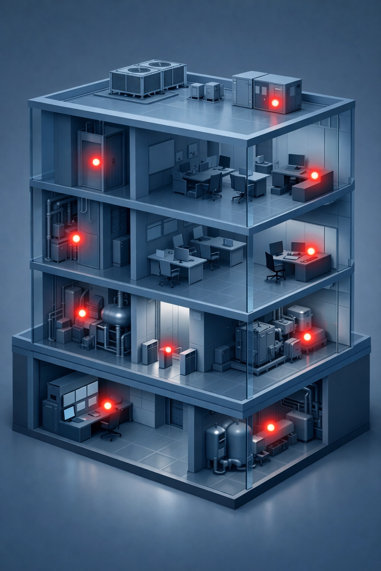 Building diagram showing seven hidden POTS line locations in elevators, alarms, and utility rooms