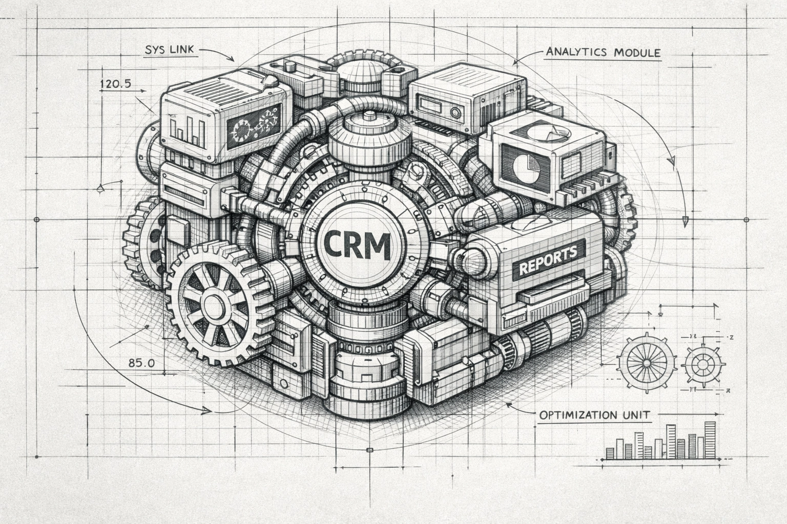 Architectural sketch of a CRM automation engine for high-performance sales data hygiene.