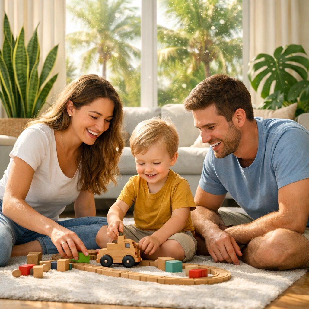 Tampa family playing on a clean rug in a home treated with eco-friendly house cleaning products.