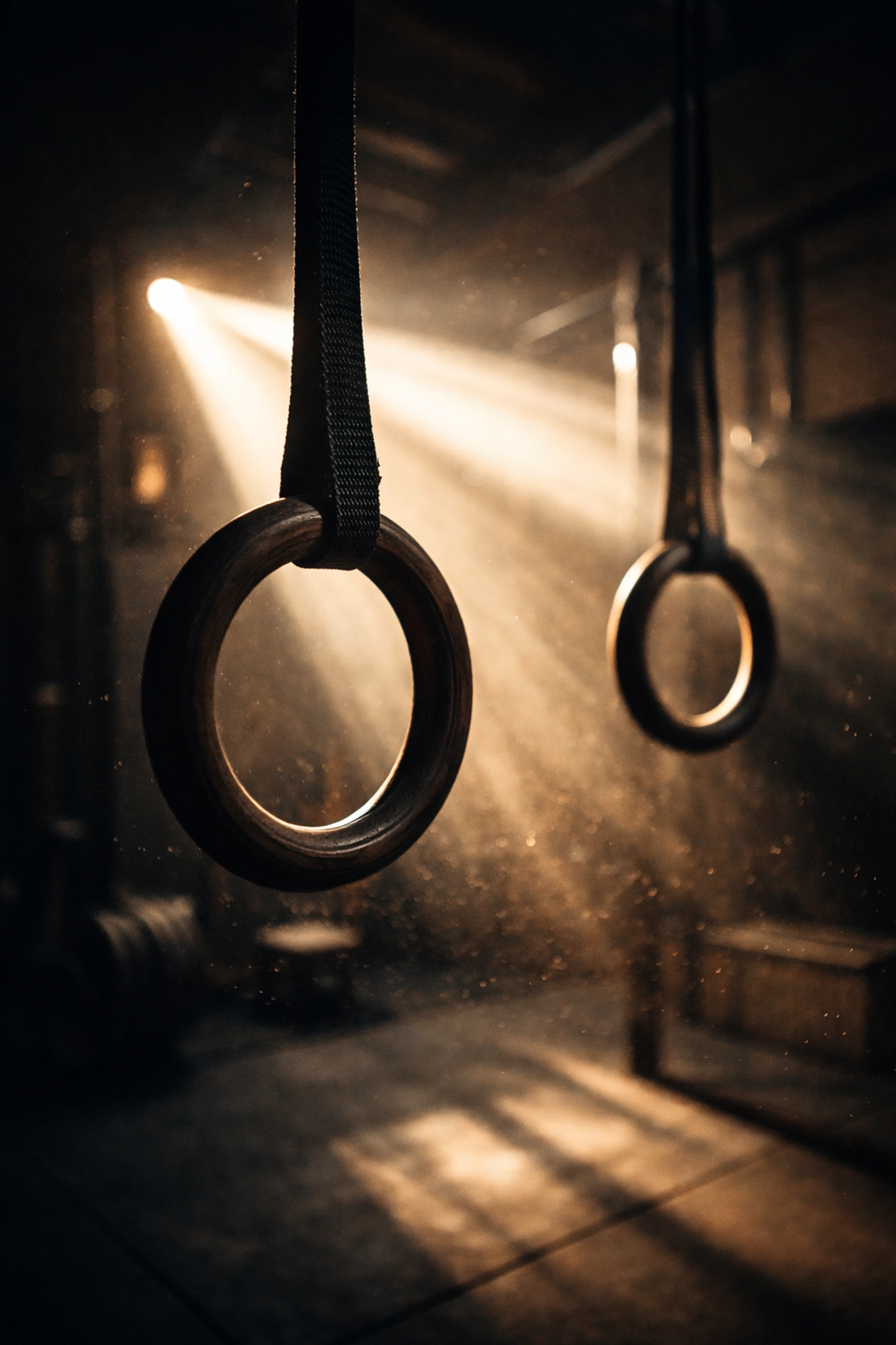 Gymnastic rings hanging in a home gym, emphasizing calisthenics and bodyweight training versatility