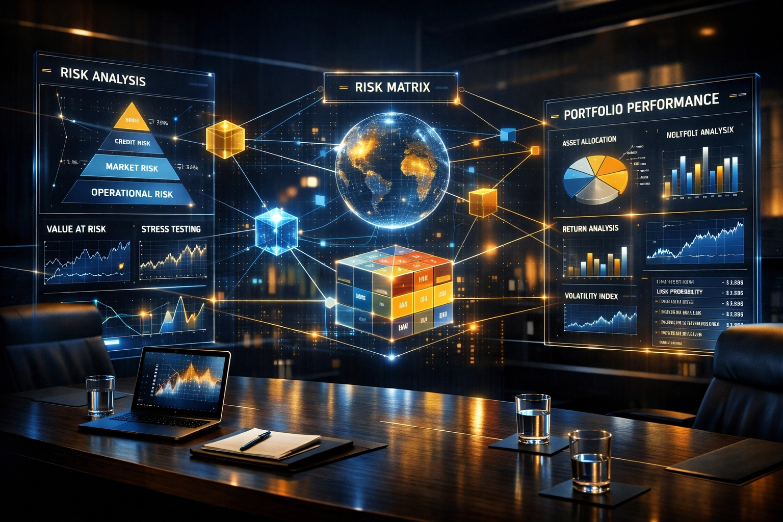 Holographic displays showing portfolio risk metrics and analytics for institutional hedge fund management