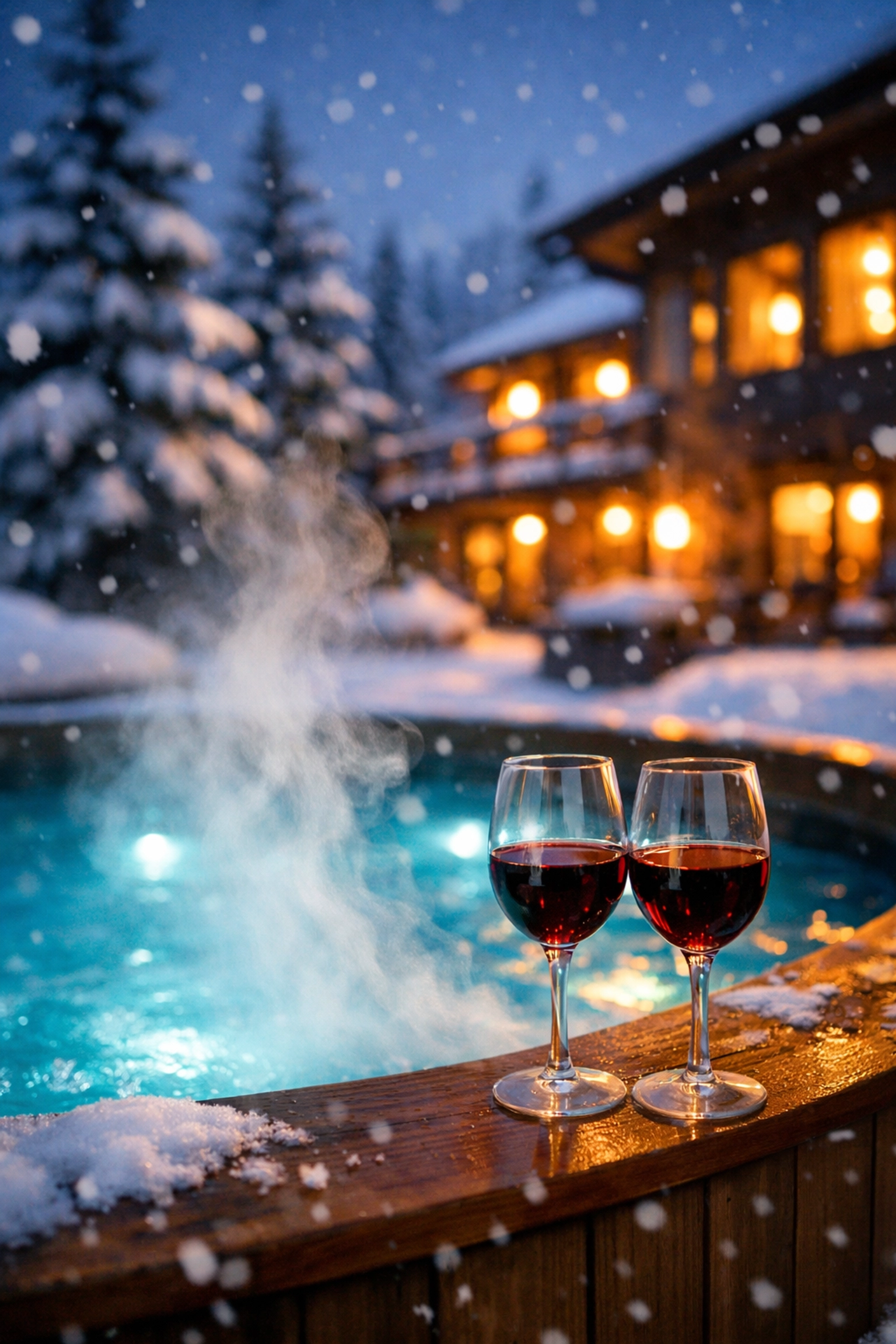 Steaming outdoor hot tub at luxury Snowshoe resort with snow falling and mountain views Steaming outdoor hot tub at luxury Snowshoe resort with snow falling and mountain views