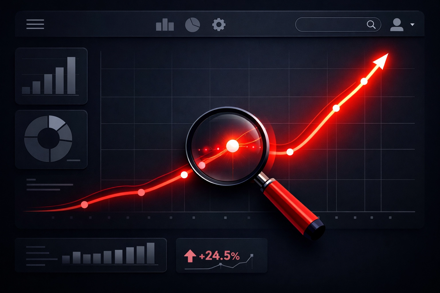 A business dashboard with a rising red graph and magnifying glass, illustrating data tracking and website conversion growth.