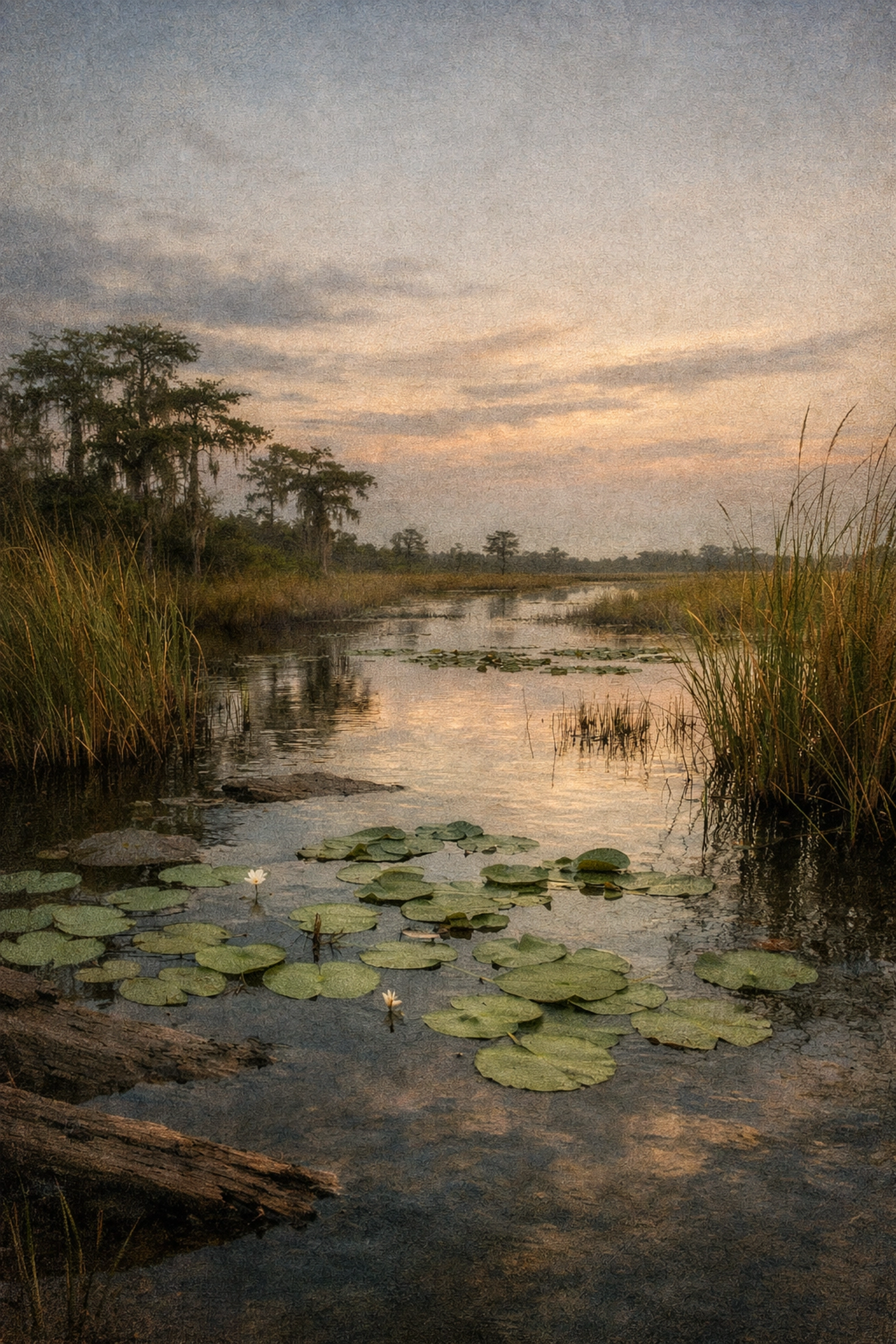 Dreamy photography editing of the Everglades at dusk featuring a soft Orton effect glow.