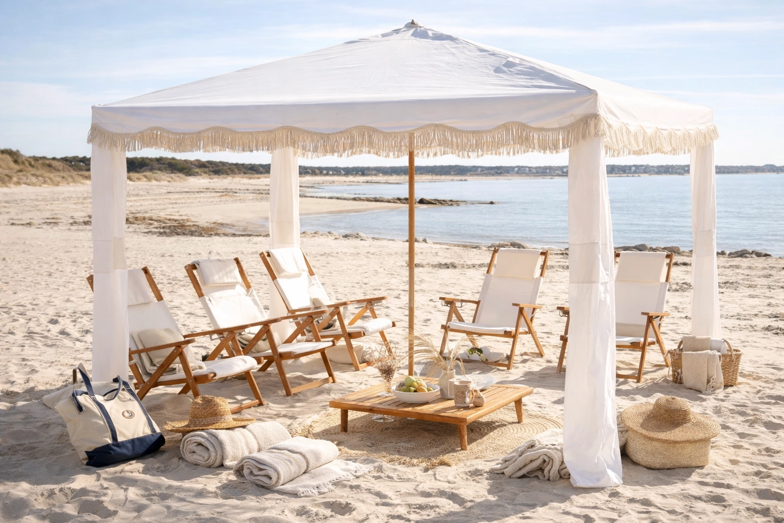 Wide luxury New Smyrna Beach setup featuring a premium white canvas fringe cabana (Business & Pleasure style) paired with reclining canvas chairs and chic styling