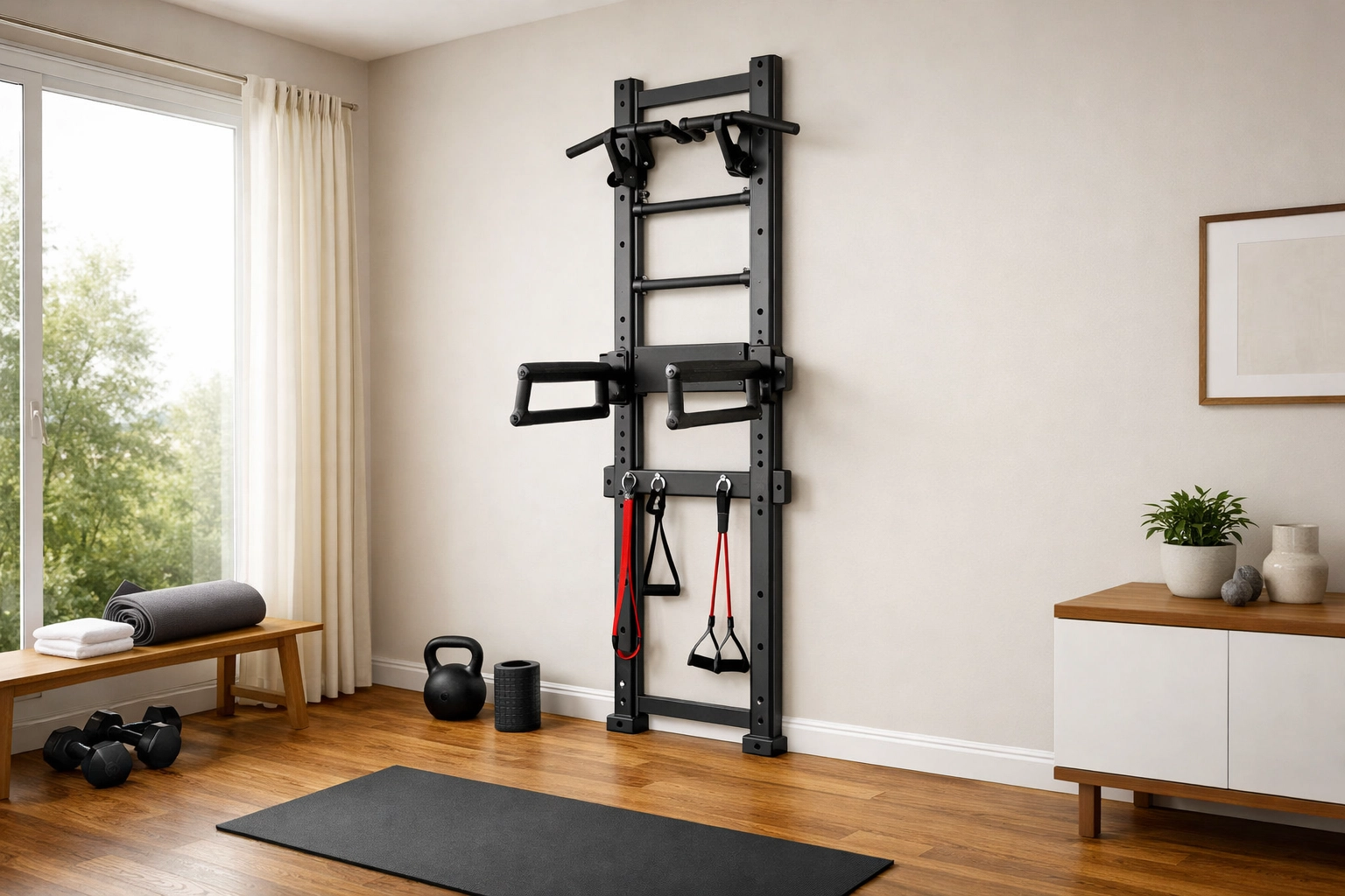 Compact home gym featuring a versatile vertical rail for a full body workout at home.