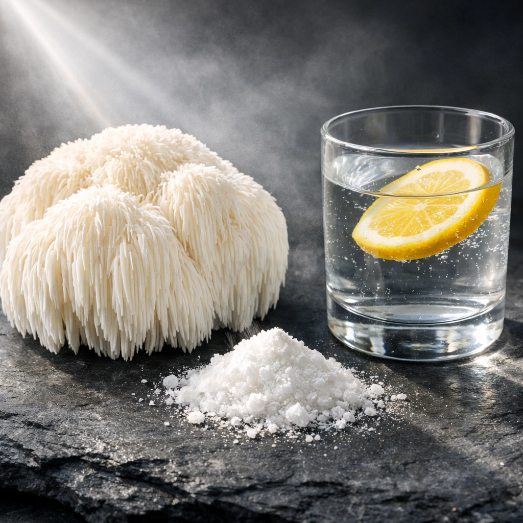 Natural Lion's Mane mushroom and nootropic powder used for improving mental clarity and focus.