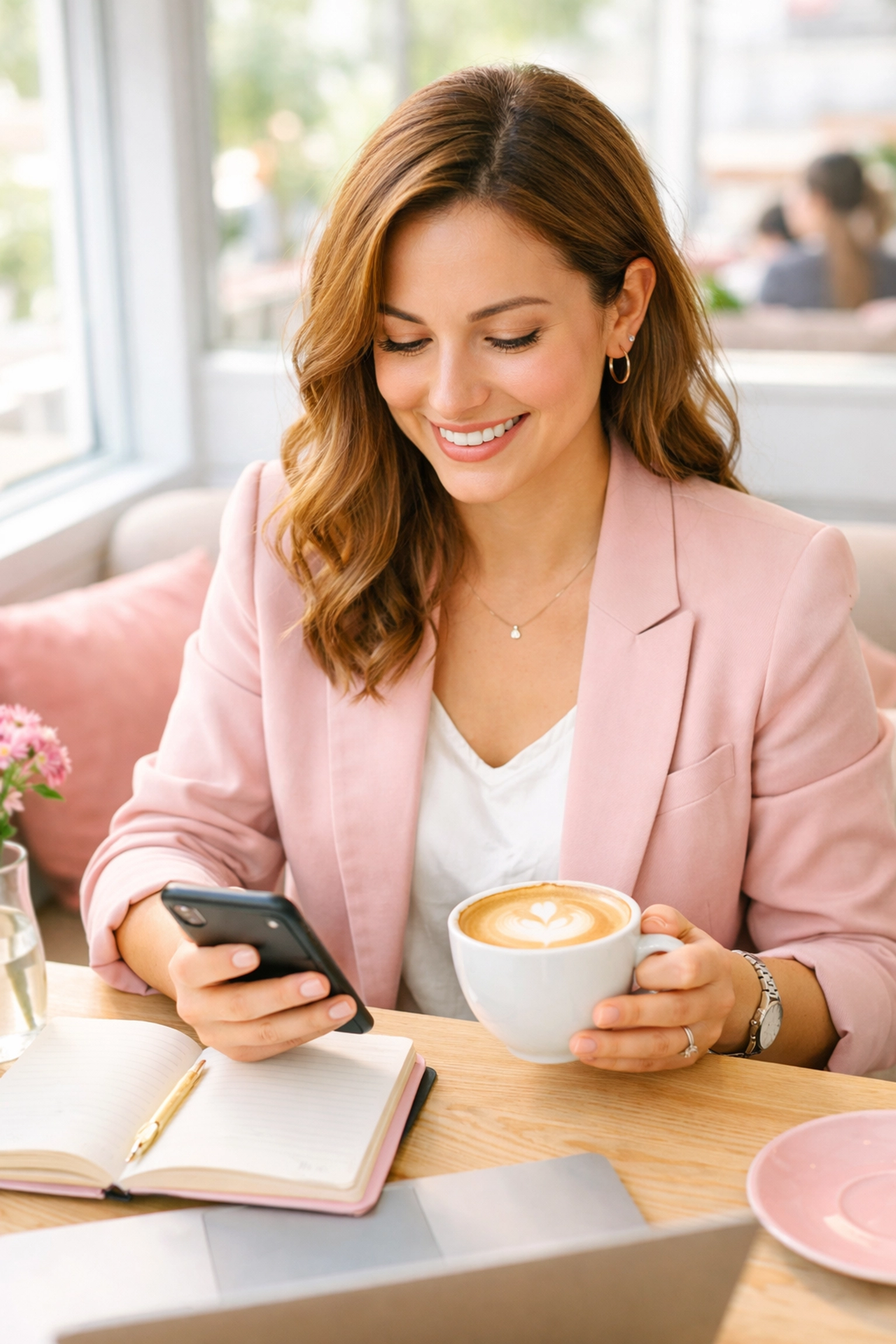 Professional woman responding to client DMs on smartphone at coffee shop