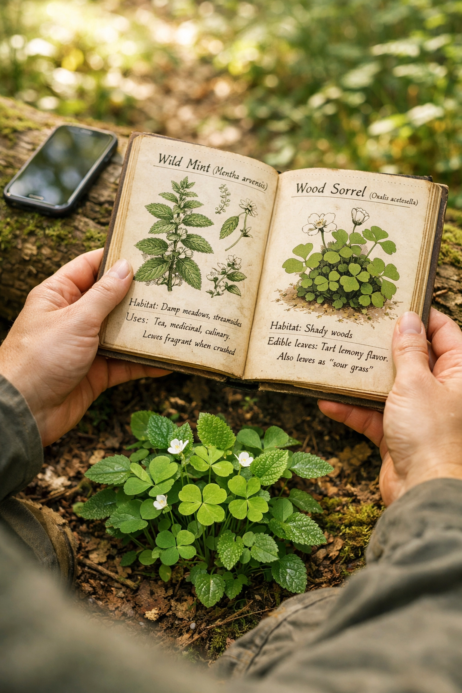 Forager identifying wild plants using a field guide during a wild camping trip in the UK.