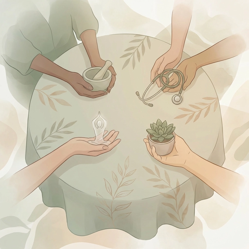 Diverse hands at a table holding wellness symbols, highlighting collaboration in holistic healthcare