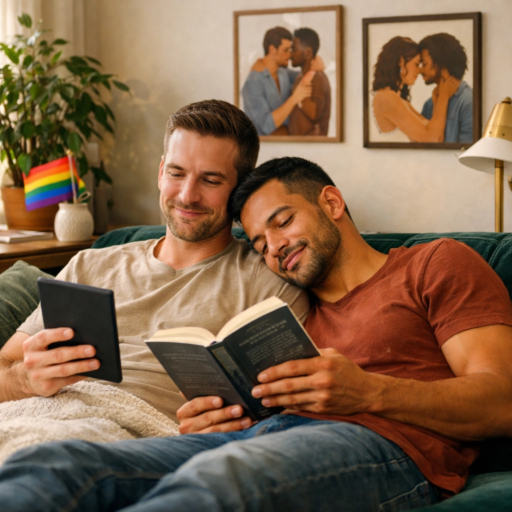 A gay couple reading MM romance books together, celebrating authentic LGBTQ literature and stories.