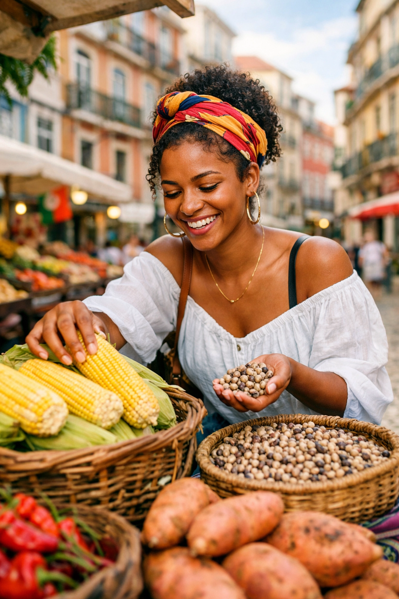 Jovem cabo-verdiana em mercado tradicional de Lisboa escolhendo produtos típicos ao viver em Portugal.