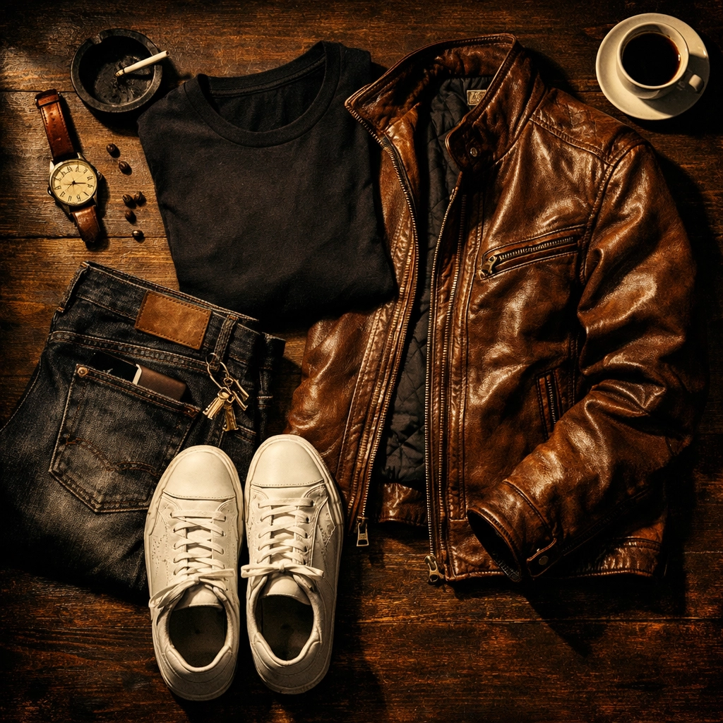 Streetwear outfit flatlay with jeans, sneakers, leather jacket, and coffee beans