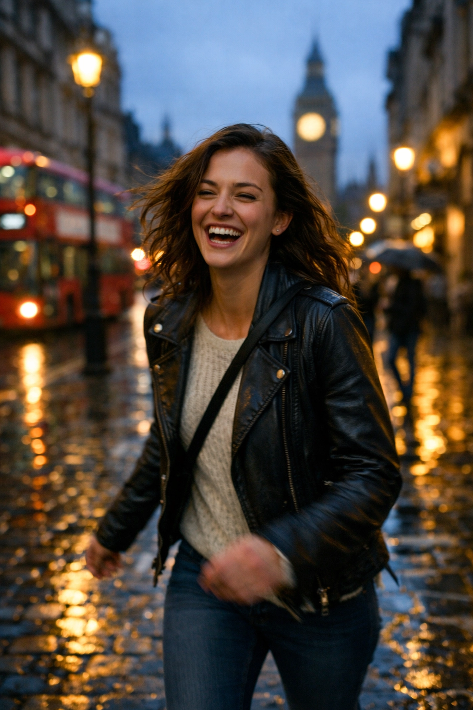 Candid street photography ideas showing a person laughing on a rain-slicked city street at dusk.