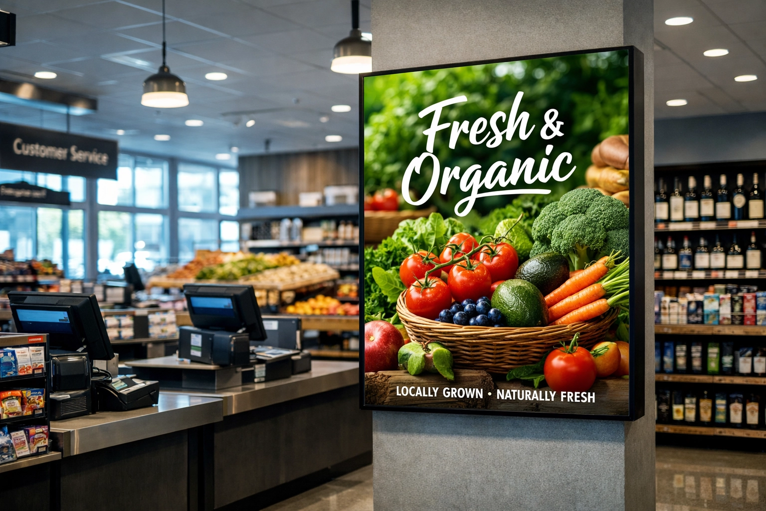 Hyper-targeted digital display screen in a modern grocery store for venue-specific advertising.