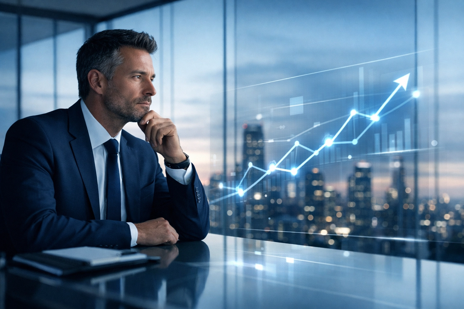 A sales director analyzing data metrics in a modern boardroom for better sales strategy clarity.
