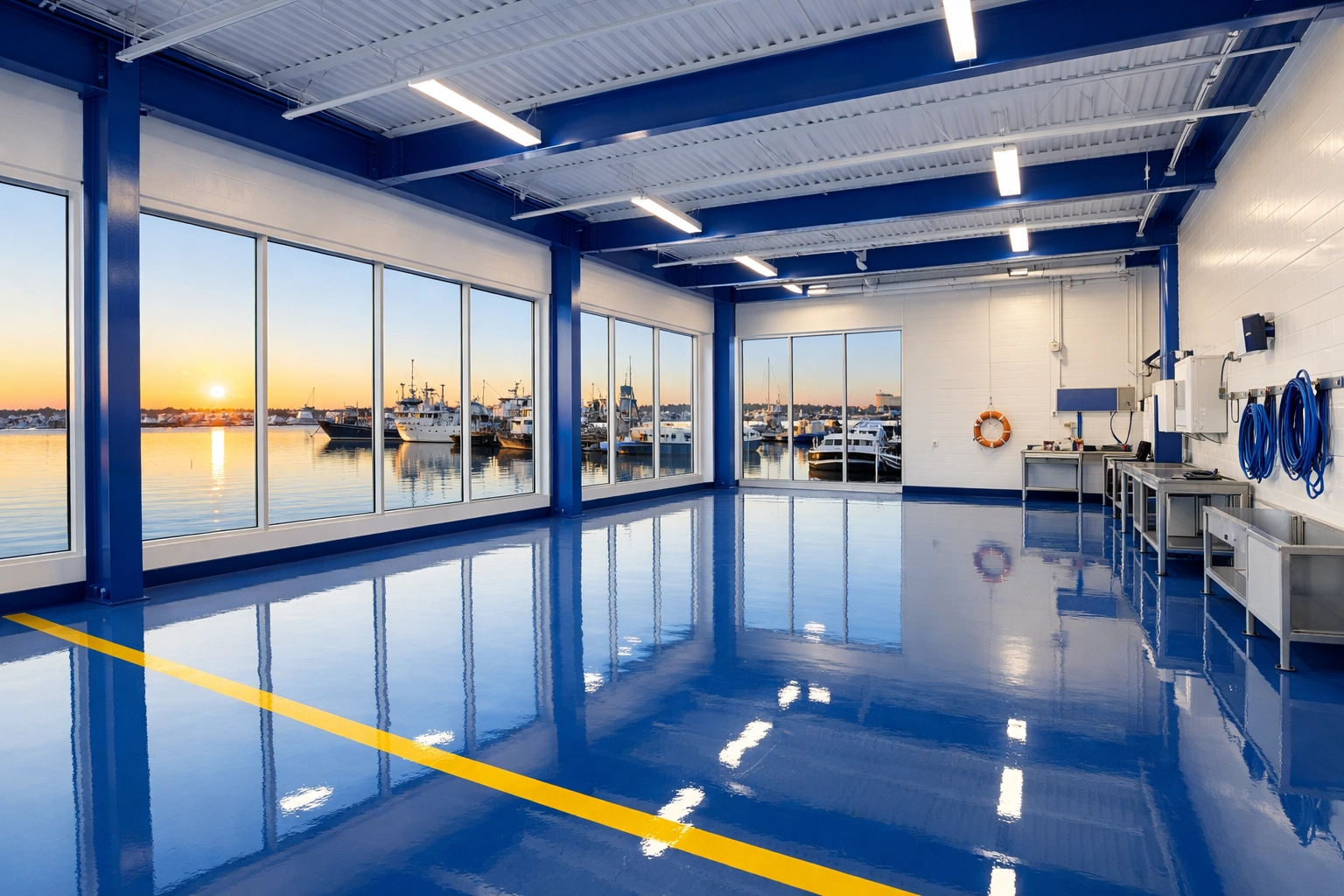 Clean maritime facility in New Bedford with polished industrial floors and harbor views.