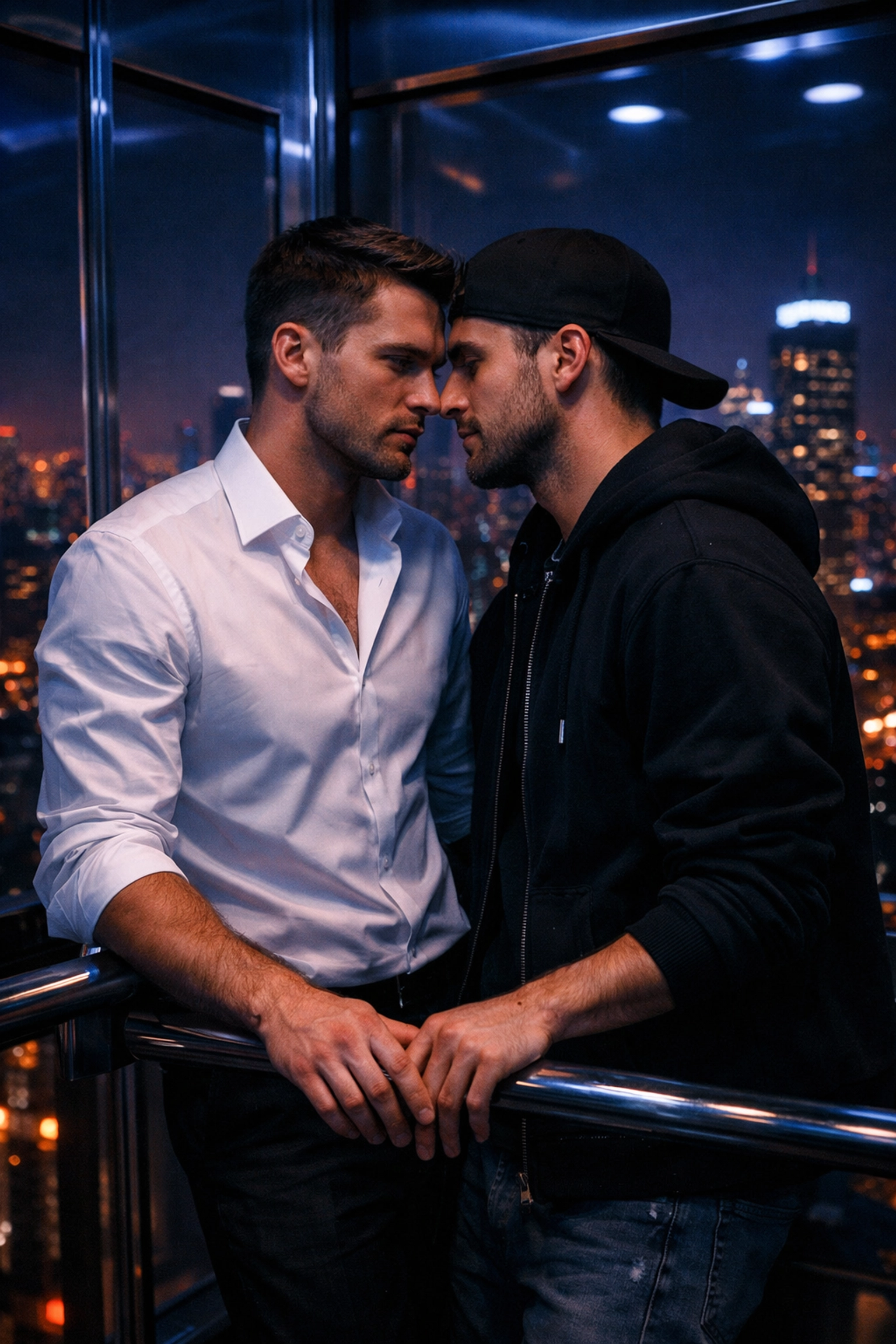 Intense romantic tension between two men in an elevator, a classic forced proximity trope in MM fiction.