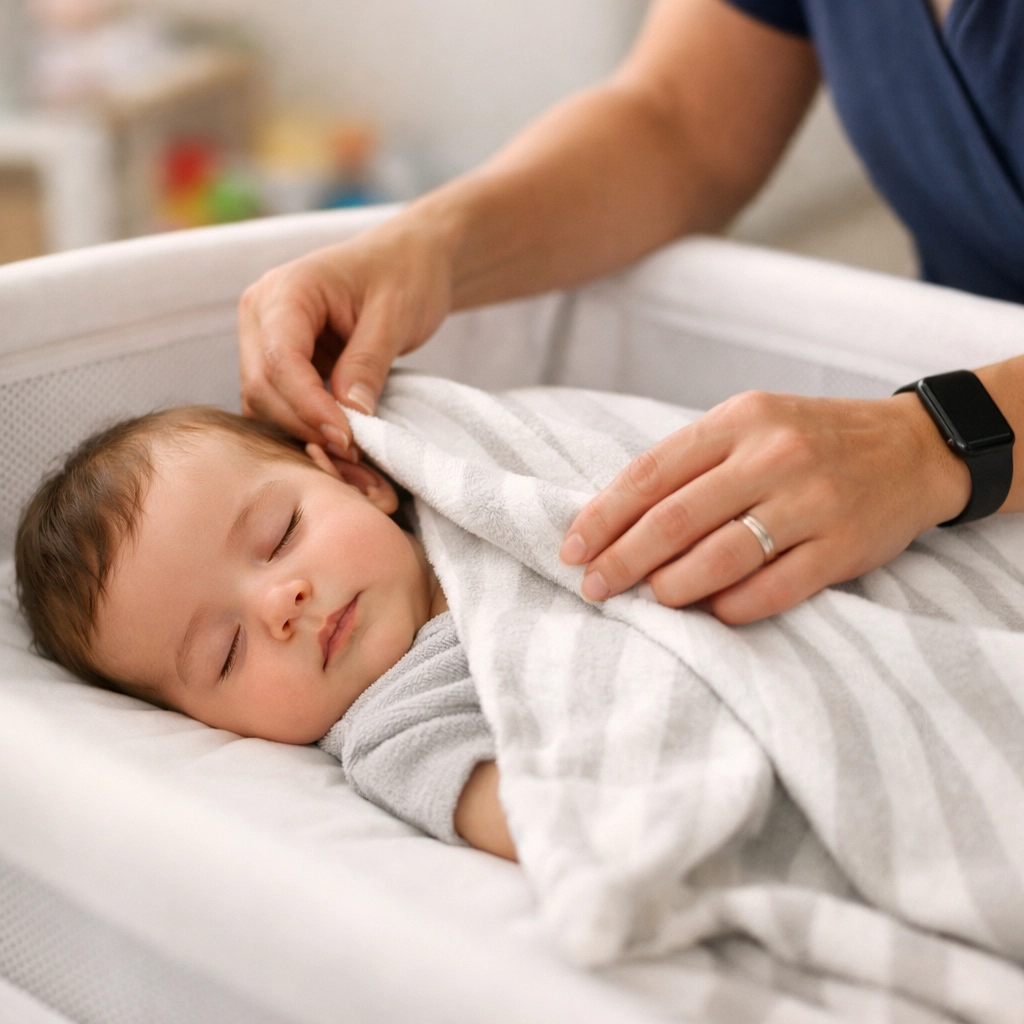 Professional educator providing nurturing care for a sleeping infant at our Liverpool early learning centre.