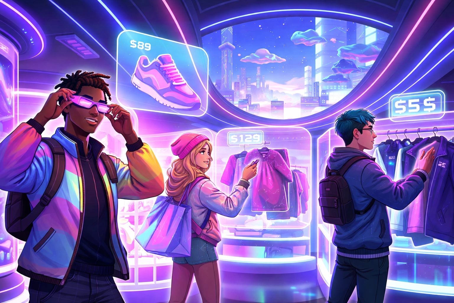 Avatars shopping together in a virtual metaverse storefront showcasing social B2B2C commerce