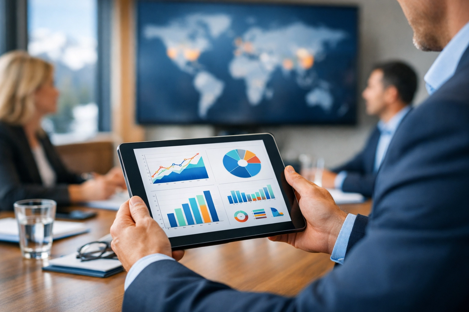 Strategic consulting session showing data analytics and performance metrics for measurable media industry impact.