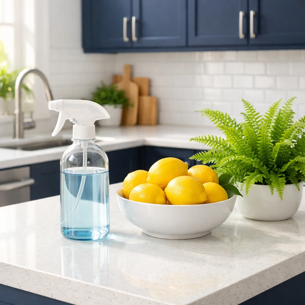 Eco-friendly cleaning products on a white kitchen island as part of a safe Fitchburg deep cleaning session.