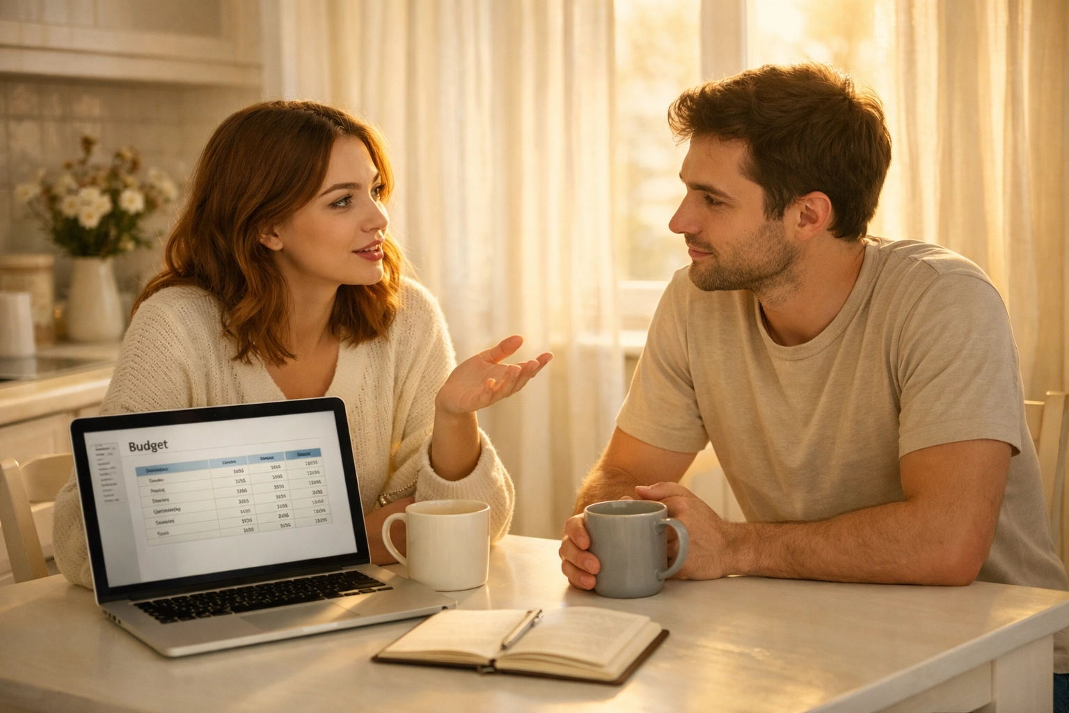 Engaged couple reviewing wedding budget on laptop during morning coffee routine