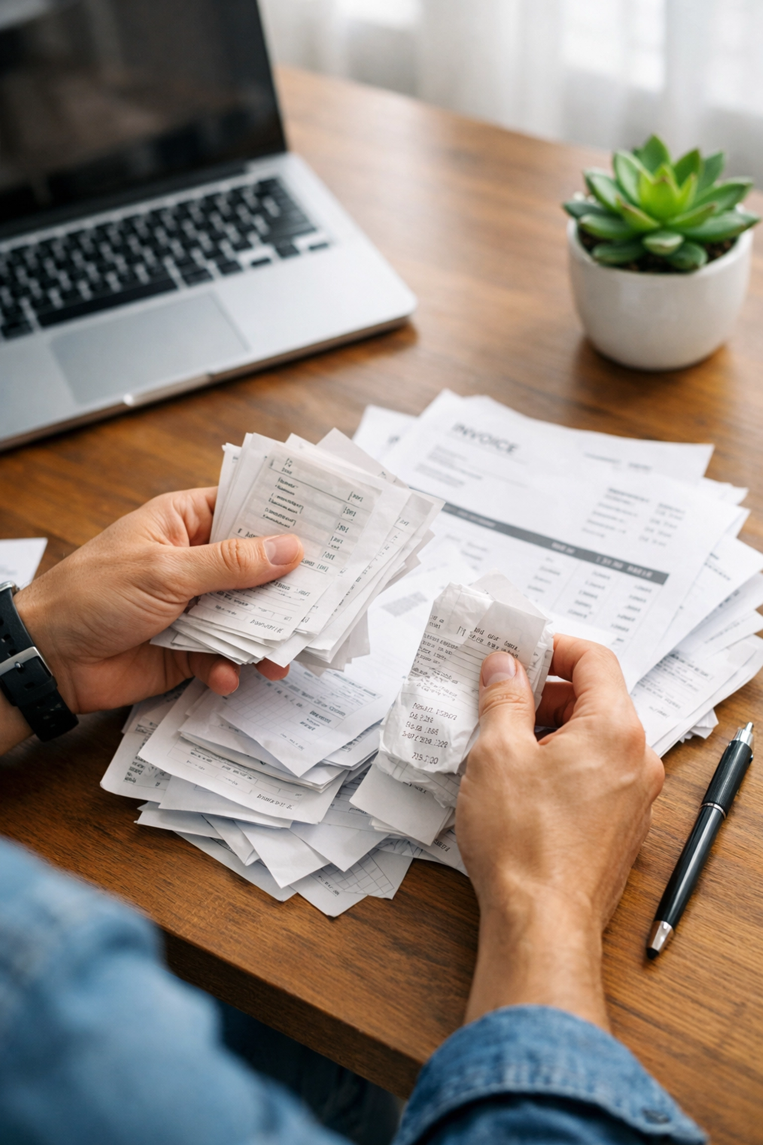 A startup founder manually sorting through paper invoices on a desk to manage business costs.